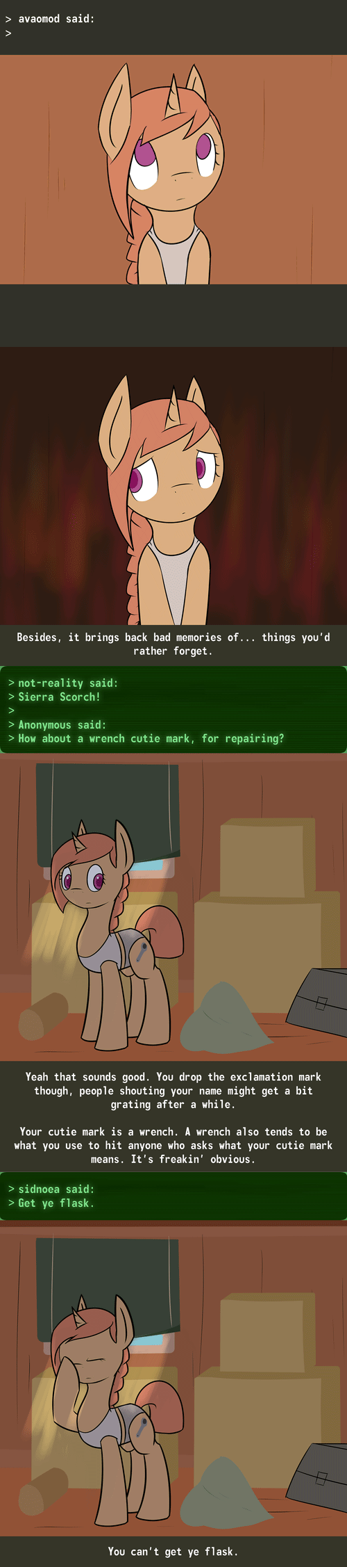 Size: 500x2254 | Tagged: safe, artist:erthilo, oc, oc only, oc:sierra scorch, species:pony, species:unicorn, fallout equestria, g4, animated, clothing, colored pupils, comic, cutie mark, cyoa, eyes closed, fallout, female, full face view, gif, horn, mare, no pupils, raised hoof, sleepy, stablequest, text, three quarter view