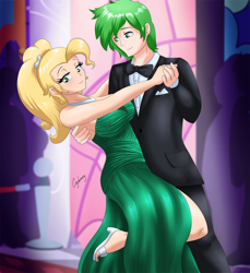 Size: 900x984 | Tagged: safe, artist:thebrokencog, character:applejack, character:spike, species:human, ship:applespike, alternate hairstyle, applejewel, bare shoulders, clothing, dancing, dress, grand galloping gala, green dress, high heels, humanized, male, older, older spike, sandals, shipping, sleeveless, straight, strapless