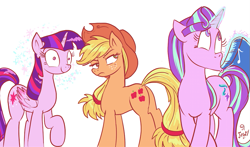 Size: 871x512 | Tagged: safe, artist:jowyb, character:applejack, character:starlight glimmer, character:twilight sparkle, character:twilight sparkle (alicorn), species:alicorn, species:earth pony, species:pony, species:unicorn, ship:twijack, episode:every little thing she does, g4, my little pony: friendship is magic, brainwashed, female, fiducia compellia, frown, hypnotized, lesbian, looking back, mare, mind control, simple background, standing, twijack weekly, unamused, whistle, whistling, white background, wide eyes