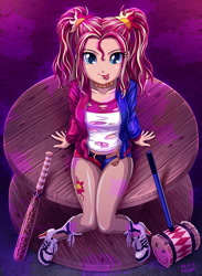 Size: 1000x1366 | Tagged: safe, artist:uotapo, character:sunset shimmer, my little pony:equestria girls, adorasexy, alternate hairstyle, baseball bat, belly button, braless, clothing, colored pupils, cosplay, costume, cute, dc comics, female, fishnets, harley quinn, looking at you, looking up, mallet, sexy, solo, suicide squad, sunset quinn, tongue out, torn clothes
