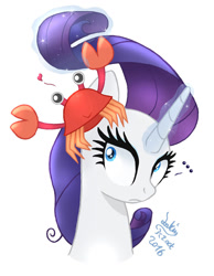 Size: 855x1100 | Tagged: safe, artist:joakaha, character:rarity, species:crab, episode:p.p.o.v. (pony point of view), g4, my little pony: friendship is magic, duo, half-life, headcrab, heart, magic, signature, skuttles the crab, smiling