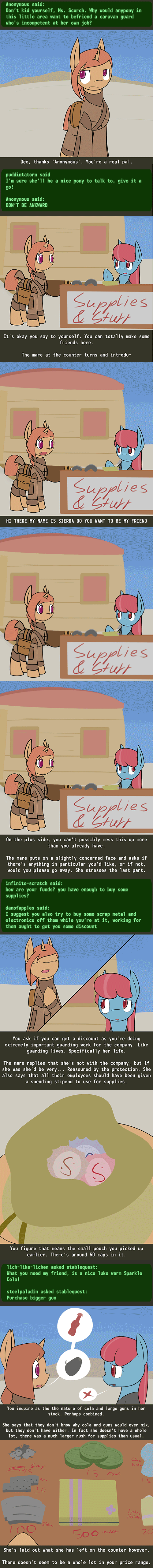 Size: 500x5095 | Tagged: safe, artist:erthilo, oc, oc only, oc:sierra scorch, species:earth pony, species:pony, species:unicorn, fallout equestria, animated, awkward, bottlecap, chems, clothing, cyoa, desert, eyes closed, fallout, female, food, gif, horn, merchant, scrap, sparkle cola, stablequest, talking, text