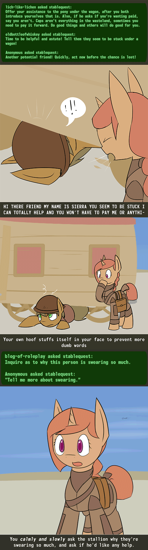 Size: 500x1857 | Tagged: safe, artist:erthilo, oc, oc only, oc:sierra scorch, species:earth pony, species:pony, species:unicorn, fallout equestria, animated, caravan, clothing, colored pupils, cyoa, desert, eyes closed, fallout, female, gif, horn, saddle bag, stablequest, text