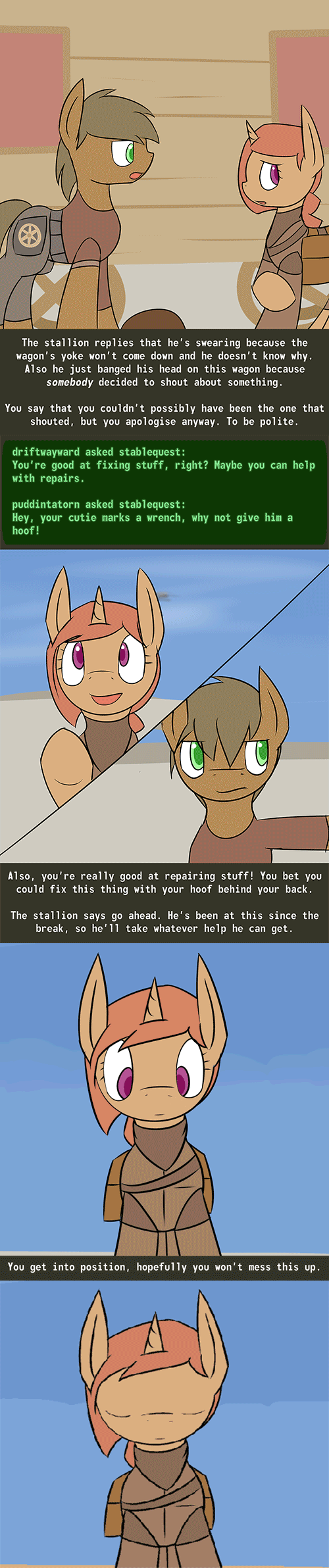 Size: 500x2384 | Tagged: safe, artist:erthilo, oc, oc only, oc:sierra scorch, oc:wanderlust, species:earth pony, species:pony, species:unicorn, fallout equestria, animated, caravan, clothing, colored pupils, cyoa, desert, eyes closed, fallout, female, gif, horn, magic, male, mare, saddle bag, stablequest, stallion, text