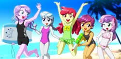 Size: 2031x1000 | Tagged: safe, artist:uotapo, edit, character:apple bloom, character:diamond tiara, character:scootaloo, character:silver spoon, character:sweetie belle, species:pegasus, species:pony, my little pony:equestria girls, adorabloom, armpits, attached skirt, barefoot, beach, belly button, bicolor swimsuit, bikini, black swimsuit, board shorts, clothing, colored pupils, confident, cute, cutealoo, cutie mark crusaders, diamondbetes, diasweetes, embarrassed, feet, female, frilled swimsuit, glasses, green swimsuit, hairband, happy, having fun, island, jumping, midriff, ocean, one eye closed, one-piece swimsuit, open mouth, pink swimsuit, ponytail, purple swimsuit, sand, short hair, shorts, silverbetes, sky, smiling, striped swimsuit, sunglasses, surfboard, swimsuit, tree, uotapo is trying to murder us, wallpaper, water, watergun, young
