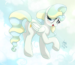 Size: 1960x1700 | Tagged: safe, artist:joakaha, character:vapor trail, species:pegasus, species:pony, episode:top bolt, g4, my little pony: friendship is magic, blushing, cloud, cute, female, flying, mare, open mouth, plot, signature, solo, underhoof, vaporbetes