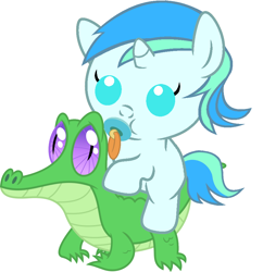 Size: 886x917 | Tagged: safe, artist:red4567, character:gummy, oc, oc:cyan lightning, species:pony, baby, baby pony, cute, ocbetes, pacifier, ponies riding gators, riding