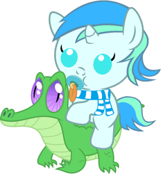 Size: 886x917 | Tagged: safe, artist:red4567, character:gummy, oc, oc:cyan lightning, species:pony, baby, baby pony, clothing, cute, ocbetes, pacifier, ponies riding gators, riding, scarf