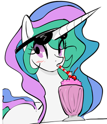 Size: 2518x2913 | Tagged: safe, artist:zev, character:princess celestia, species:alicorn, species:pony, blushing, cherry, drink, female, high res, mare, milkshake, princess, simple background, solo, straw, sunglasses, transparent background