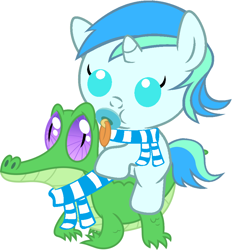 Size: 886x917 | Tagged: safe, artist:red4567, character:gummy, oc, oc:cyan lightning, species:pony, baby, baby pony, clothing, cute, ocbetes, pacifier, ponies riding gators, riding, scarf, simple background, vector, white background
