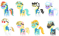 Size: 1642x996 | Tagged: safe, artist:zacatron94, character:bulk biceps, character:cloudchaser, character:lightning dust, character:meadow flower, character:rainbow dash, character:starry eyes, character:sunshower raindrops, character:thunderlane, species:pegasus, species:pony, episode:wonderbolts academy, chibi, clothing, female, goggles, male, mare, pointy ponies, simple background, stallion, transparent background, uniform, wonderbolt trainee uniform