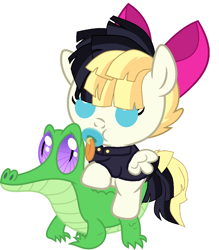 Size: 936x1067 | Tagged: safe, artist:red4567, character:gummy, character:songbird serenade, species:pegasus, species:pony, my little pony: the movie (2017), baby, baby pony, cute, female, filly, pacifier, ponies riding gators, riding, sia (singer), siabetes, songbetes