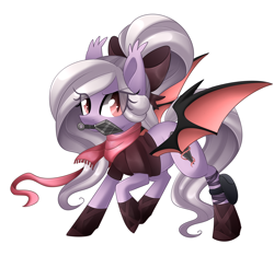 Size: 2244x2100 | Tagged: safe, artist:scarlet-spectrum, oc, oc only, oc:violet thorn, species:bat pony, species:pony, bandage, bow, clothing, commission, fangs, hair bow, kunai, kunoichi, mouth hold, ninja, pouch, raised hoof, scarf, slit eyes, solo