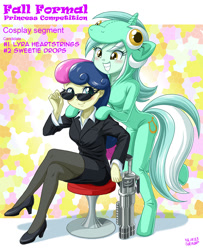 Size: 810x1000 | Tagged: safe, artist:uotapo, character:bon bon, character:lyra heartstrings, character:sweetie drops, my little pony:equestria girls, adorabon, adoracreepy, bon bond, clothing, colored pupils, cosplay, creepy, crossed legs, cute, fall formal, fall formal princess competition, female, gun, high heels, irrational exuberance, leg focus, legs, lyra doing lyra things, lyrabetes, men in black, pantyhose, pony costume, role reversal, sitting, smiling, stool, sunglasses, that human sure does love ponies, weapon