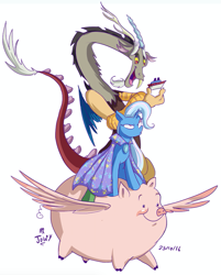 Size: 715x890 | Tagged: safe, artist:jowyb, character:discord, character:trixie, species:draconequus, species:pony, species:unicorn, episode:to where and back again, g4, my little pony: friendship is magic, annoyed, female, flying, flying pig, male, mare, open mouth, pig, ponies riding pigs, shipping, signature, simple background, smiling, spread wings, straight, toy boat, trixcord, trixie's cape, white background, wings
