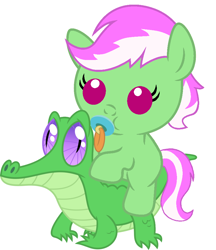 Size: 836x967 | Tagged: safe, artist:red4567, character:gummy, oc, oc:mint condition, species:pony, baby, baby pony, cute, ocbetes, pacifier, ponies riding gators, riding