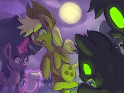 Size: 900x675 | Tagged: safe, artist:grissaecrim, character:applejack, character:twilight sparkle, character:twilight sparkle (alicorn), species:alicorn, species:pony, glowing eyes, magic, moon, necromancy, now you fucked up, scared, scroll, telekinesis, this will end in tears and/or death, zombie