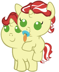 Size: 732x903 | Tagged: safe, artist:red4567, character:flam, character:flim, species:pony, baby, baby ponies, baby pony, brothers, cute, duo, flamabetes, flim flam brothers, flimabetes, hatless, missing accessory, pacifier, ponies riding ponies, riding, siblings riding siblings, weapons-grade cute