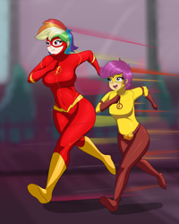 Size: 1016x1267 | Tagged: safe, artist:thebrokencog, character:rainbow dash, character:scootaloo, species:human, species:pegasus, species:pony, barry allen, breasts, busty rainbow dash, commission, crossover, dc comics, female, humanized, kid flash, running, scootalove, the flash, wally west