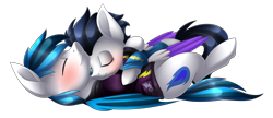 Size: 2415x1044 | Tagged: safe, artist:scarlet-spectrum, oc, oc only, oc:blue storm, oc:switch, oc:switch storm, species:pegasus, species:pony, blushing, clothing, commission, costume, eyes closed, hug, male, shadowbolts costume, simple background, snuggling, straight, transparent background