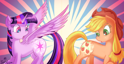 Size: 1280x665 | Tagged: safe, artist:jowyb, character:applejack, character:twilight sparkle, character:twilight sparkle (alicorn), species:alicorn, species:earth pony, species:pony, ship:twijack, abstract background, female, glowing cutie mark, lesbian, looking back, mare, shipping, sunburst background, twijack weekly