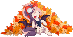 Size: 2861x1470 | Tagged: safe, artist:xwhitedreamsx, oc, oc only, oc:sweet velvet, species:bat pony, species:pony, autumn, clothing, cute, earmuffs, leaves, scarf, simple background, smiling, solo, transparent background