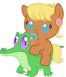 Size: 786x917 | Tagged: safe, artist:red4567, character:gummy, character:ms. harshwhinny, species:pony, baby, baby pony, cute, harshfilly, ms. cutewhinny, pacifier, ponies riding gators, riding