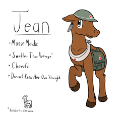 Size: 1391x1255 | Tagged: safe, artist:the-furry-railfan, oc, oc only, oc:jean, brodie helmet, canada, clothing, ear piercing, earring, fallout equestria: long haul, hat, helmet, horse collar, jewelry, maple leaf, medic, medical saddlebag, moose, piercing, raised hoof, reference sheet, saddle bag, size difference, wind chime, yoke