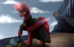 Size: 3900x2465 | Tagged: safe, artist:scarlet-spectrum, oc, oc only, oc:red flare, cape, clothing, commission, hammer, scenery, solo, war hammer, weapon