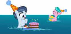 Size: 16144x7734 | Tagged: safe, artist:cyanlightning, character:aquamarine, character:shady daze, episode:the one where pinkie pie knows, g4, my little pony: friendship is magic, .svg available, absurd resolution, cake, clothing, cute, food, hat, party hat, ship, simple background, transparent background, vector, water