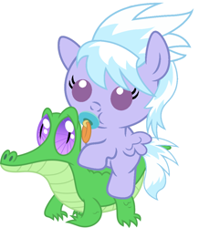 Size: 886x1017 | Tagged: safe, artist:red4567, character:cloudchaser, character:gummy, species:pony, baby, baby pony, cute, cutechaser, pacifier, ponies riding gators, riding