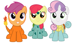 Size: 1391x806 | Tagged: safe, artist:red4567, character:apple bloom, character:scootaloo, character:sweetie belle, species:pegasus, species:pony, episode:on your marks, g4, my little pony: friendship is magic, adorabloom, bulbasaur, charmander, crossover, cute, cutealoo, cutie mark crusaders, diasweetes, higher quality in description, pokémon, sitting, squirtle