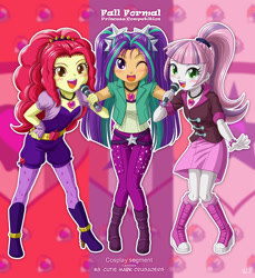Size: 1101x1200 | Tagged: safe, artist:uotapo, character:adagio dazzle, character:apple bloom, character:aria blaze, character:scootaloo, character:sonata dusk, character:sweetie belle, species:pegasus, species:pony, my little pony:equestria girls, adorabloom, blushing, boots, clothing, colored pupils, cosplay, crusaderbetes, cute, cutealoo, cutie mark, cutie mark crusaders, diasweetes, fall formal, fall formal princess competition, female, high heel boots, high heels, jewelry, leggings, looking at you, microphone, necklace, one eye closed, open mouth, pants, pigtails, ponytail, shoes, skirt, socks, the cmc's cutie marks, the dazzlings, trio, twintails, uotapo is trying to murder us, uotapo will kill us all, weapons-grade cute, wig, wink