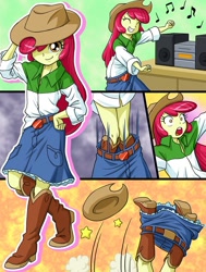 Size: 782x1035 | Tagged: safe, artist:uotapo, character:apple bloom, episode:somepony to watch over me, g4, my little pony: friendship is magic, my little pony:equestria girls, accessory theft, adorable face, adorabloom, applejack's hat, beautiful, belt, boombox, boots, bottomless, clothes swap, clothing, comic, cowboy boots, cowboy hat, cowgirl, cropped, cute, dancing, denim skirt, fail, female, funny, hat, legs, music, music notes, oops, open mouth, orange eyes, ouch, oversized clothes, partial nudity, red hair, shoes, skirt, skirt around legs, skirt lift, solo, stetson, tripping