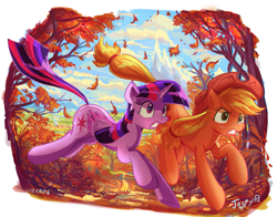 Size: 915x719 | Tagged: dead source, safe, artist:jowyb, character:applejack, character:twilight sparkle, character:twilight sparkle (alicorn), species:alicorn, species:earth pony, species:pony, ship:twijack, autumn, duo, female, forest, leaves, mare, running, scenery, twijack weekly