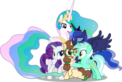 Size: 5018x3380 | Tagged: safe, artist:zacatron94, character:lyra heartstrings, character:princess celestia, character:princess luna, character:rarity, oc, oc:madmax, species:pony, species:unicorn, absurd resolution, glasses, group hug, hug, simple background, transparent background, tribute