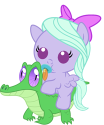 Size: 886x1067 | Tagged: safe, artist:red4567, character:flitter, character:gummy, species:pony, baby, baby pony, cute, flitterbetes, pacifier, ponies riding gators, riding