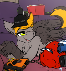 Size: 1272x1364 | Tagged: safe, artist:bbsartboutique, oc, oc only, oc:digital import, species:hippogriff, boxing gloves, car, clothing, commission, controller, food, gaming, halo, hat, monster energy, one eye closed, open mouth, popcorn, rocket league, signature, solo, talons, text, wink