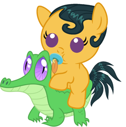 Size: 886x897 | Tagged: safe, artist:red4567, character:cleopatra jazz, character:gummy, species:pony, episode:dungeons & discords, baby, baby pony, cute, pacifier, ponies riding gators, riding