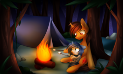 Size: 4800x2920 | Tagged: safe, artist:scarlet-spectrum, oc, oc only, species:pony, species:unicorn, absurd resolution, campfire, camping, cute, duo, fangs, food, forest, looking down, marshmallow, night, tent