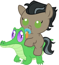 Size: 841x927 | Tagged: safe, artist:red4567, character:doctor caballeron, character:gummy, species:earth pony, species:pony, alligator, baby, baby pony, colt, cute, cutealleron, duo, duo male, foal, male, pacifier, ponies riding gators, riding