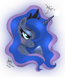 Size: 930x1100 | Tagged: safe, artist:joakaha, character:princess luna, species:pony, blushing, bust, drunk, female, hiccup, mare, onomatopoeia, solo