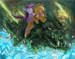 Size: 1083x852 | Tagged: safe, artist:jowyb, character:applejack, character:twilight sparkle, character:twilight sparkle (alicorn), species:alicorn, species:earth pony, species:pony, ship:twijack, cragadile, crocodile, everfree forest, female, lesbian, mare, poison joke, ponies riding gators, reins, riding, scared, shipping, smiling, twijack weekly