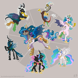Size: 2000x2000 | Tagged: safe, artist:kp-shadowsquirrel, character:discord, character:princess celestia, character:queen chrysalis, species:alicorn, species:changeling, species:changepony, species:draconequus, species:pony, changeling queen, fusion, fusion diagram, hexafusion, hybrid wings, open mouth, raised hoof, simple background, xk-class end-of-the-world scenario