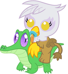 Size: 811x892 | Tagged: safe, artist:red4567, character:gilda, character:gummy, species:griffon, baby, chick, chickub, cub, cute, gildadorable, griffons riding gators, pacifier, riding, simple background, weapons-grade cute, white background, younger