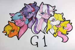 Size: 1024x694 | Tagged: safe, artist:oneiria-fylakas, character:applejack (g1), character:firefly, character:posey, character:sparkler (g1), character:surprise, g1, g1 six, g1 to g4, generation leap, simple background, traditional art, white background