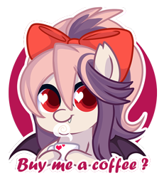Size: 600x650 | Tagged: safe, artist:xwhitedreamsx, oc, oc only, oc:sweet velvet, species:bat pony, species:pony, bow, chibi, coffee, cup, female, hair bow, heart eyes, mare, simple background, solo, transparent background, wingding eyes
