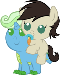 Size: 792x956 | Tagged: safe, artist:red4567, oc, oc only, oc:bonfire, oc:keith, species:dracony, species:pony, baby, baby dracony, baby pony, cute, hybrid, ocbetes, pacifier, riding, younger