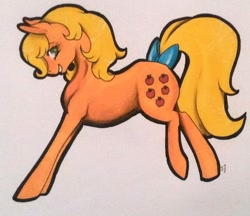 Size: 1024x885 | Tagged: safe, artist:oneiria-fylakas, part of a set, character:applejack (g1), species:earth pony, species:pony, g1, bow, female, g1 to g4, generation leap, mare, marker drawing, simple background, solo, tail bow, traditional art, white background