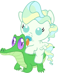 Size: 836x1017 | Tagged: safe, artist:red4567, character:gummy, character:vapor trail, species:pony, episode:top bolt, g4, my little pony: friendship is magic, baby, baby pony, cute, pacifier, ponies riding gators, riding, vaporbetes, weapons-grade cute